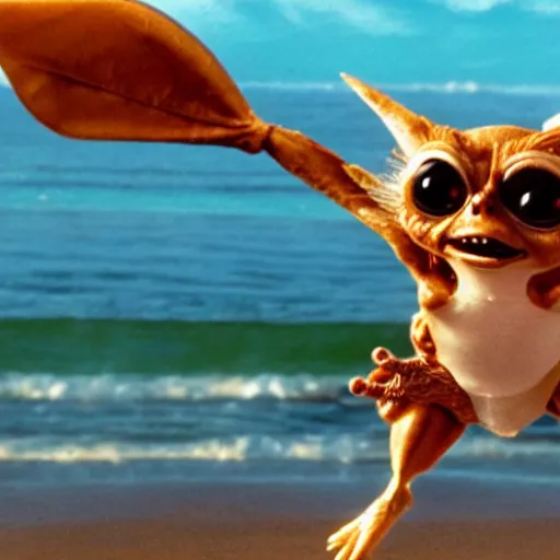 Image similar to gizmo from gremlins running through the surf on a beach