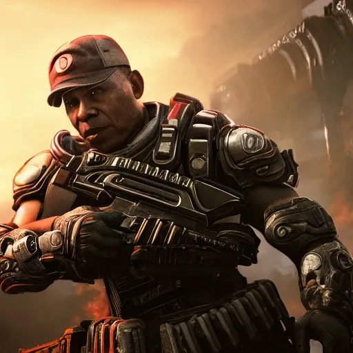 Prompt: barrack obama in gears of war battlefield 5, detailed face, splash art, movie still, cinematic lighting, dramatic, octane render, long lens, shallow depth of field, bokeh, anamorphic lens flare, 8 k, hyper detailed, 3 5 mm film grain