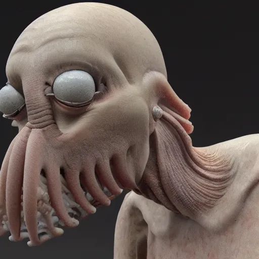 Image similar to squidward realistic skin 8k, detailed, high detailed, terrifying, eerie, deformed.