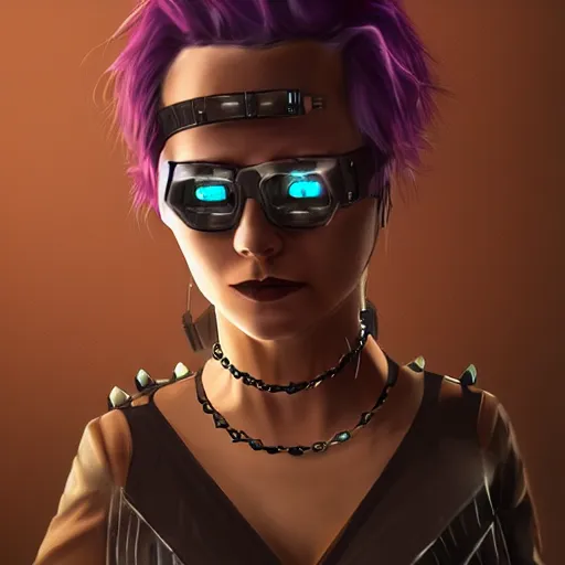 Prompt: an adult cyberpunk woman wearing large spiked punk collar, portrait, 4K, digital art, deviantart, artstation,