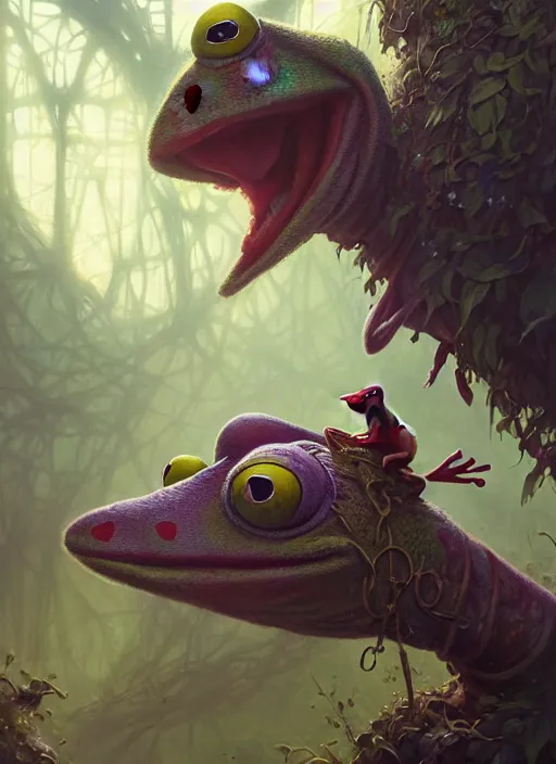 Image similar to Highly detailed portrait of Kermit the frog, Stephen Bliss, unreal engine, fantasy art by Greg Rutkowski, Loish, Rhads, ferdinand knab, Makoto Shinkai and Lois van baarle, ilya kuvshinov, rossdraws, Tom Bagshaw, alphonse mucha, global illumination, radiant light, detailed and intricate environment