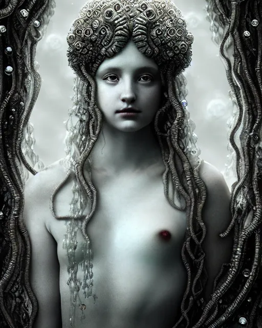 Image similar to surreal mythical dreamy underwater artistic bw photo of a beautiful young female angelic - medusa - cyborg covered with fish scales and algae, highly detailed, intricate crystal ivy jelly fish scales ornate, poetic, octane render, 8 k, photo - realistic, in the style of gustave dore and preraphaelites