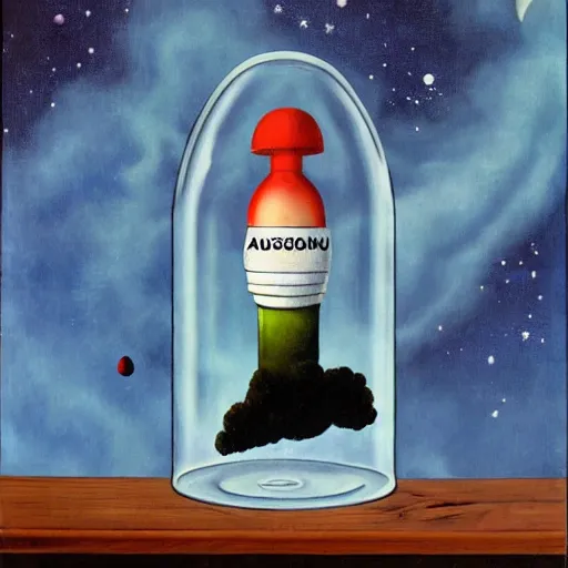 Image similar to an austronaut in a bottle, in the style of Rene Magritte,