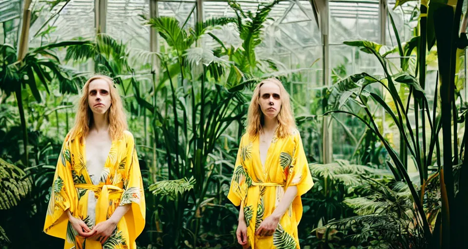 Prompt: Medium format portrait photography of a single elegant woman that look like Brit Marling wearing a yellow kimono in a tropical greenhouse, bokeh