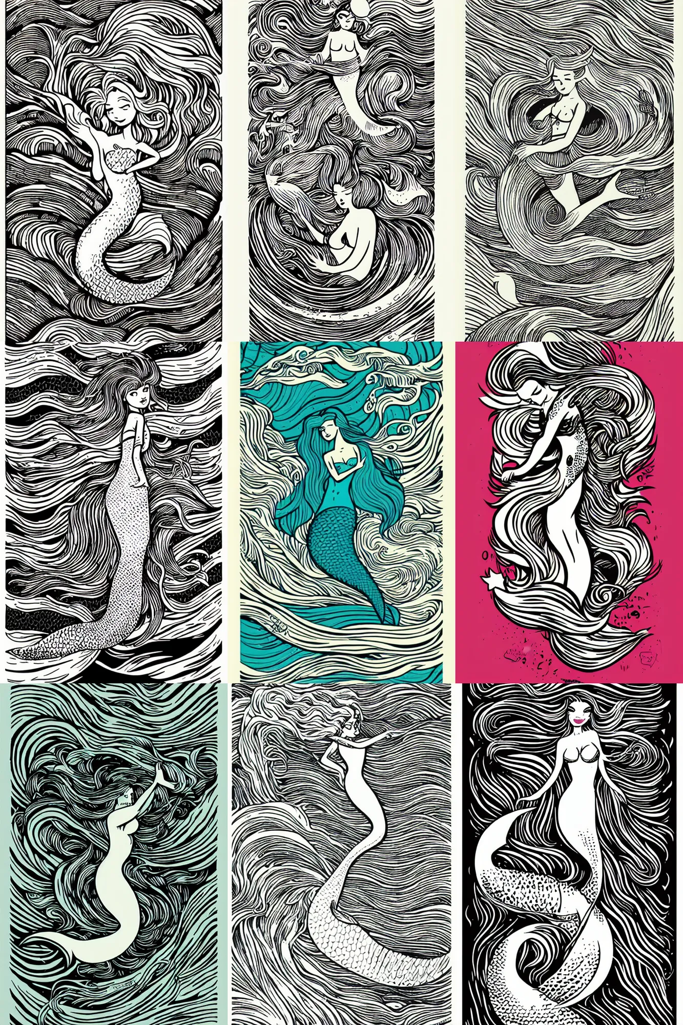 Prompt: mermaid, waves by MCBESS, colour print