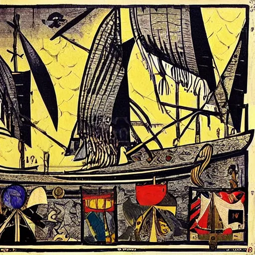 Image similar to a very chaotic naval battle, pirate and medieval ship, colored woodcut, poster art, by Mackintosh, art noveau, by Ernst Haeckel, by Tamara de Lempicka