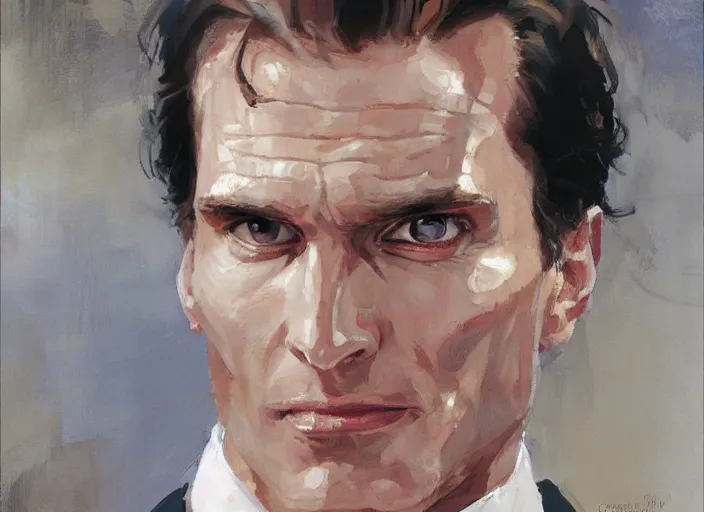 Image similar to a highly detailed unsettling portrait of american psycho patrick bateman, by gregory manchess, james gurney, james jean