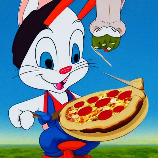 Prompt: bugs bunny eating pizza with a ninja, medium shot, asymmetrical, profile picture, organic painting, sunny day, matte painting, bold shapes, hard edges, street art, trending on artstation, by huang guangjian and gil elvgren and sachin teng