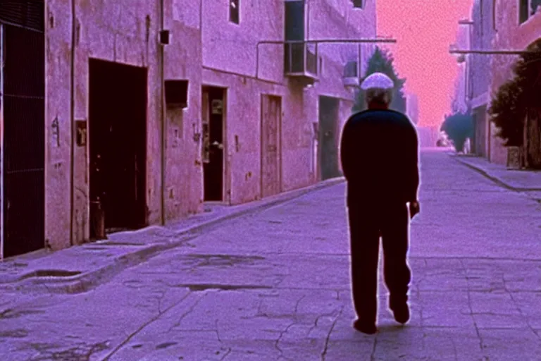 Image similar to old israeli street, todd solondz walking alone, smoking, vaporwave colors, state of melancholy, romantic, dimmed lights, realistic