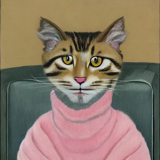 Image similar to fuzzy furry ears Portrait of Man camouflaged as Tabby Cat whilst wearing a pink tuxedo Standing atop a Garbage Truck Eric Ravilious Edward Hopper Newell Convers Wyeth Andrew Wyeth Jamie Wyeth