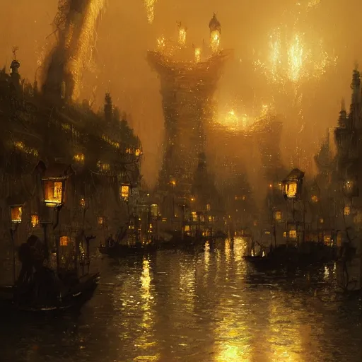 Prompt: concept art, river lanterns on the eve of ullambana festival, by james gurney, greg rutkowski, john howe, artstation