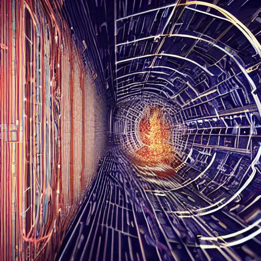 Image similar to wide shot of a man getting trapped inside cern large hadron collider, his body getting pulled apart by particle collision, rendered in octane