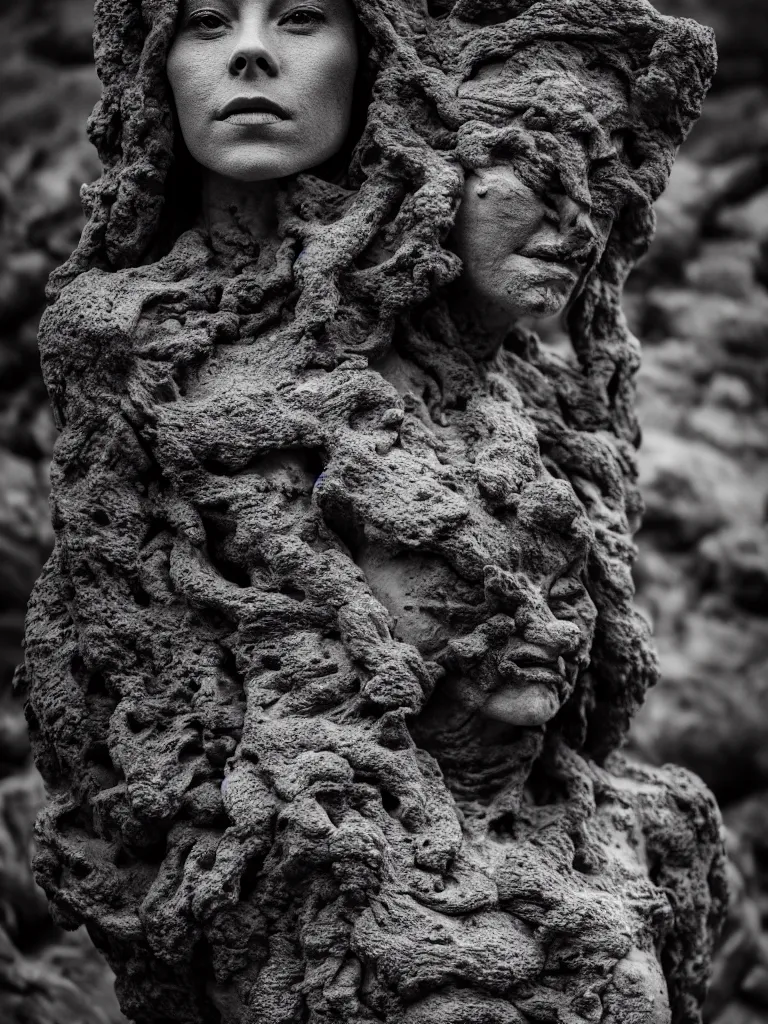 Image similar to beautiful stone woman, lava flowing, exotic trees, bare bark, dark eyes, low angle mist, high octane, frostbite, 8 k, cinematic, 3 5 mm