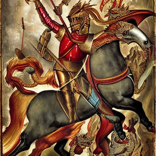 Image similar to saint george the knight on a horse fighting a dragon with a spear, by andrej dugin, olga dugina