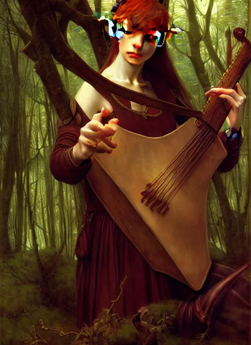 Image similar to forest elf bard playing lute, full body, hyper realistic, extremely detailed, dnd character art portrait, dark fantasy art, intricate fantasy painting, dramatic lighting, vivid colors, deviantart, artstation, by edgar maxence and caravaggio and michael whelan and delacroix.