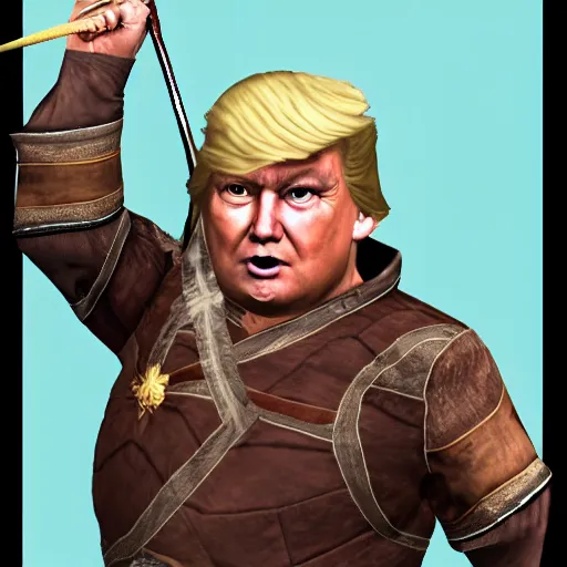 Image similar to fat Donald trump as a Skyrim character with an arrow shot through his knee