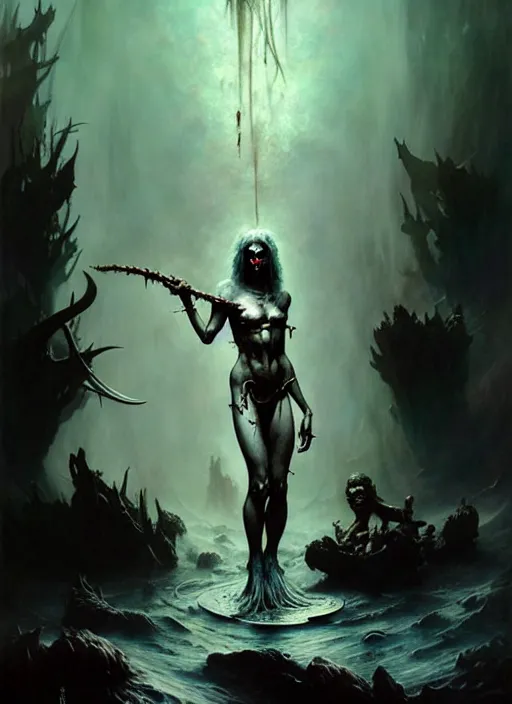 Image similar to shackled in styx river of the underworld, frank frank frazetta and cgsociety, stunning sasquatch, blood splatters, charlie bowater and tom bagshaw, insanely detailed, deviantart, space art, atoms surrounded by skulls, death, and spirits deep water, horror, sci - fi, surrealist painting, by peter mohrbacher