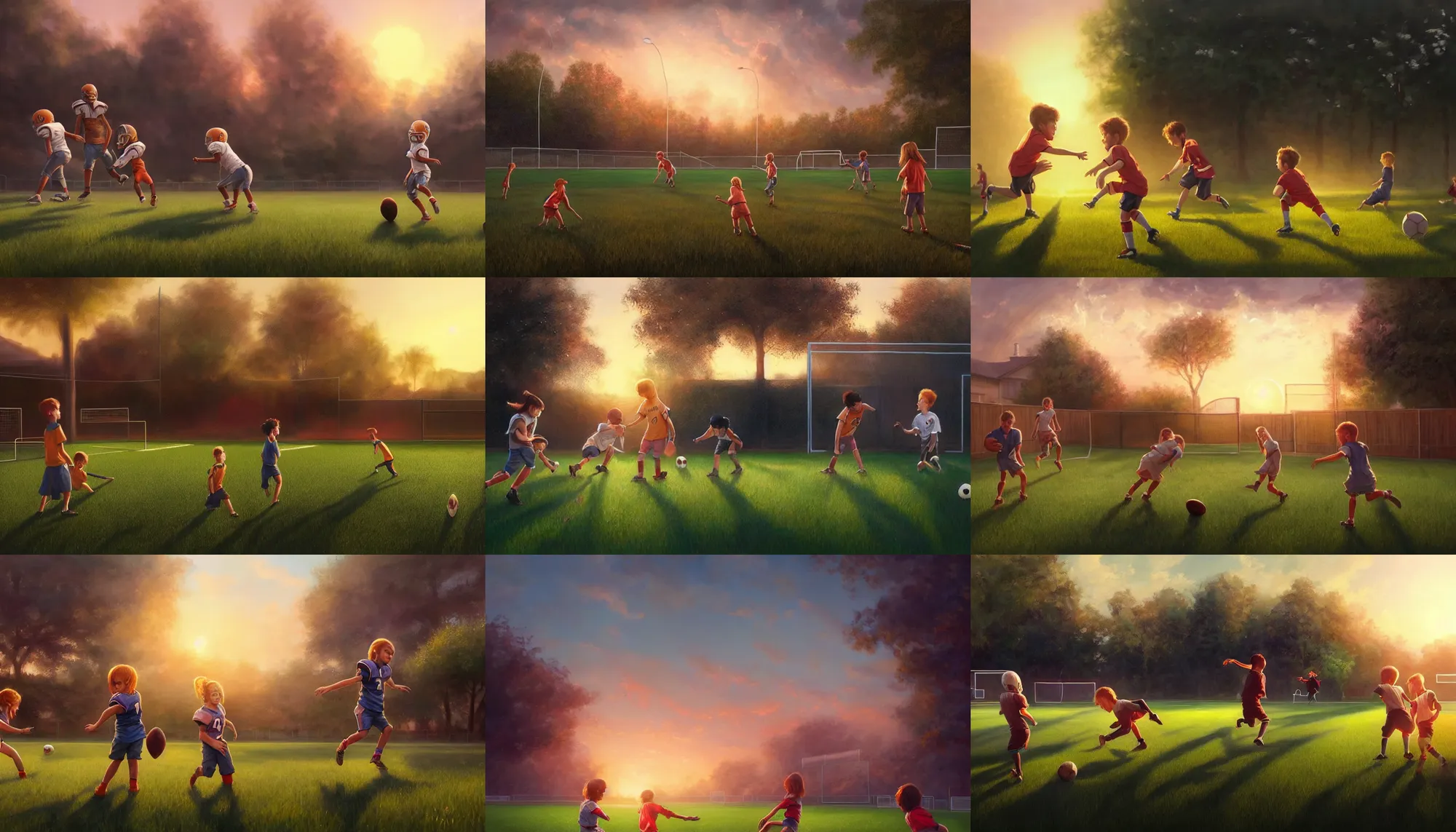Image similar to beautiful painting of backyard football field with a pair of playing children during sunset, wide shot, digital painting, intricate details, trending on artstation, concept art, octane render, realistic, highly detailed, smooth, sharp focus, beautiful, 4 k, 8 k, hd, art by charlie bowater and artgerm and greg rutkowski