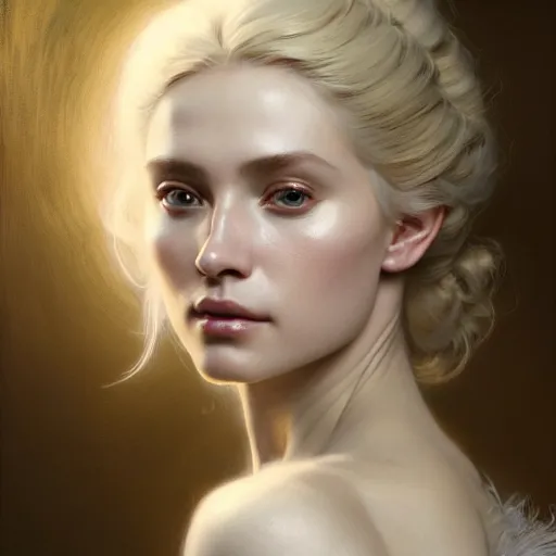 Image similar to portrait painting of a beautiful blonde woman with a kind face wearing a feathered cloak and a fancy silk white dress, ultra realistic, concept art, intricate details, eerie, highly detailed, photorealistic, octane render, 8 k, unreal engine. art by artgerm and greg rutkowski and charlie bowater and magali villeneuve and alphonse mucha