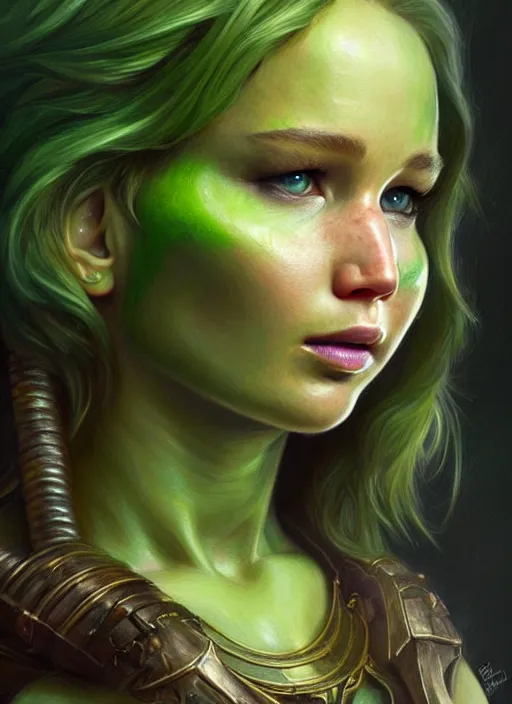 Image similar to portrait of jennifer lawrence as a goblin, d & d, muscular! green, fantasy, intricate, elegant, highly detailed, digital painting, artstation, concept art, smooth, sharp focus, illustration, art by artgerm and greg rutkowski and alphonse mucha