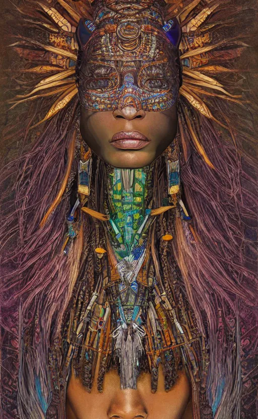 Prompt: upper half portrait of retro futuristic african tribal chief - embellished with vegetation and iridescent crystals, art by cheng, hsiao - ron & alphonso mucha, colouring by zdzisaw beksinski, highly detailed, digital painting, airbrush, concept art, illustration, smooth sharp focus, intricate, symmetry, artstation, colourful,