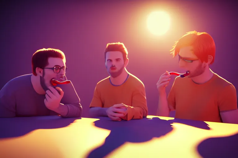 Image similar to two men eating one big gummy worm, rtx, sunlight, many details, octane render, high quality, 8 k