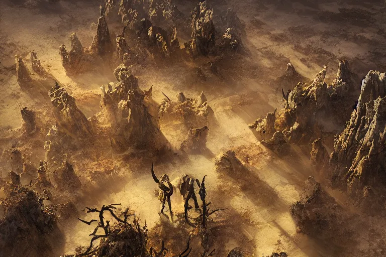 Image similar to high aerial shot, cinematic fantasy painting, dungeons and dragons, barren dry land, desert valley of bones, a single autumn maple bonsai, with sunset lighting ominous shadows by jessica rossier and brian froud