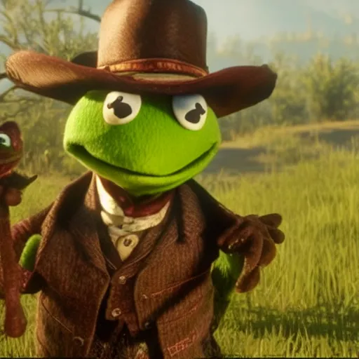 Prompt: Film still of Kermit the Frog in Red Dead Redemption 2 (2018 video game)