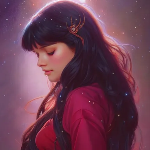 Image similar to a beautiful princess, long dark hair and bangs, sailor mars aesthetic, fantasy, intricate, elegant, highly detailed, digital painting, artstation, concept art, matte, sharp focus, illustration, art by Artgerm and Greg Rutkowski and Alphonse Mucha