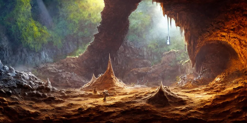 Prompt: a chrome bipdel conical drill visits a rusted cave mouth in the jungle, retrofuturistic, matte oil painting, speleothems, merchant tents, salt dunes, science fantasy, rpg, epic, extremely detailed, sharp focus, 4 k