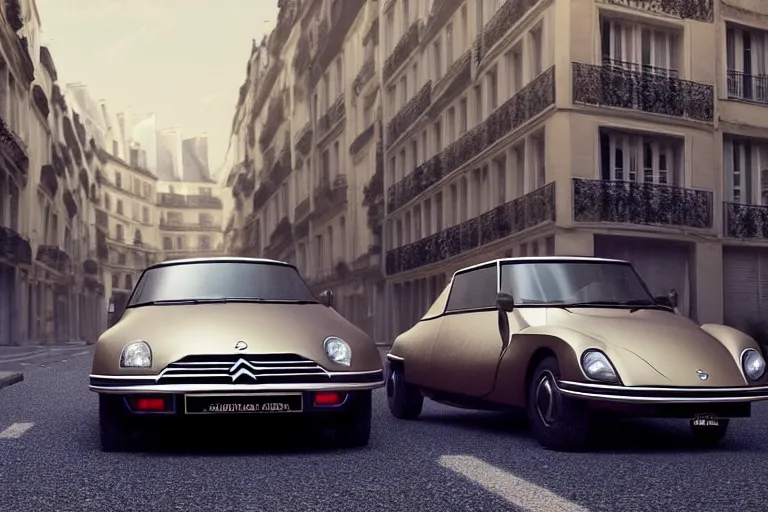 Prompt: a wholesome beautiful animation key shot of!! one!! focused!! 1 9 7 4 citroen ds!! in a paris street, medium wide shot, sharp, very detailed, high resolution, rendered in unreal engine 5, anime key art by greg rutkowski, bloom, dramatic lighting