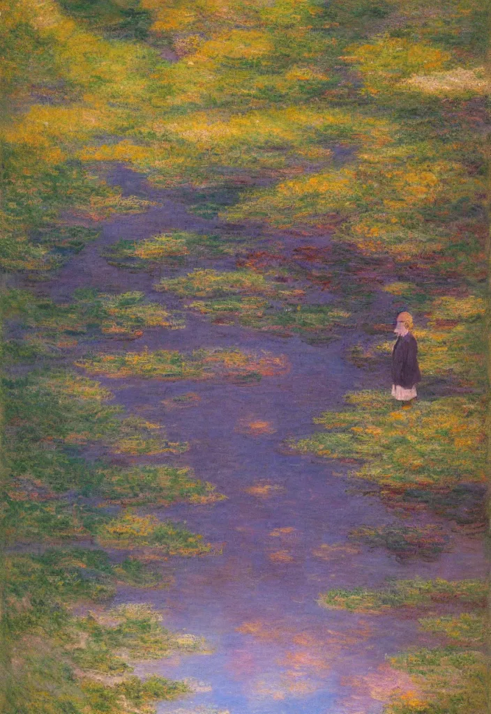 Image similar to tiny character in front of a beautiful japanese inaka landscape, amazing ryokan, lofi vibe, vivide colors, amazing light, really beautiful nature, oil painting, impressionist style, by jeremy lipkin, by claude monet, by ghibli, kandinsky touches, multiple brush strokes, masterpiece