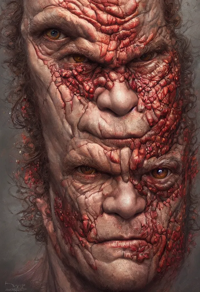 Prompt: john c reilly with reptile eyes, red skin. intricate, elegant, highly detailed, centered, digital painting, artstation, concept art, smooth, sharp focus, illustration, artgerm, tomasz alen kopera, peter mohrbacher, donato giancola, joseph christian leyendecker, wlop, frank frazetta