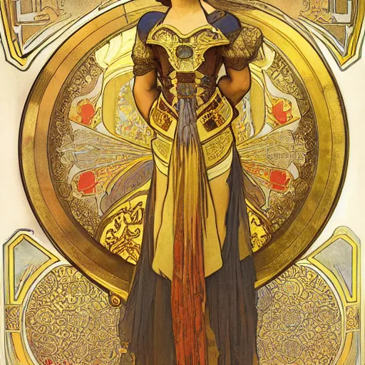 Prompt: woman in golden plate armour, painted by alphonse mucha