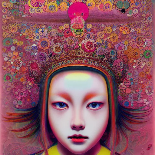 Image similar to the queen of pink by takashi murakami and zdzisław beksiński, oil on canvas, intricately detailed artwork, full 8k high quality resolution, recently just found unknown masterpiece