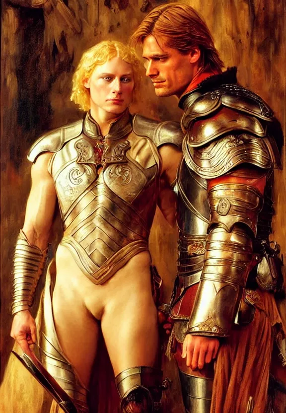 Image similar to attractive handsome muscly jaime lannister confesses his love for attractive fully armored brienne of tarth. highly detailed painting by gaston bussiere and j. c. leyendecker 8 k