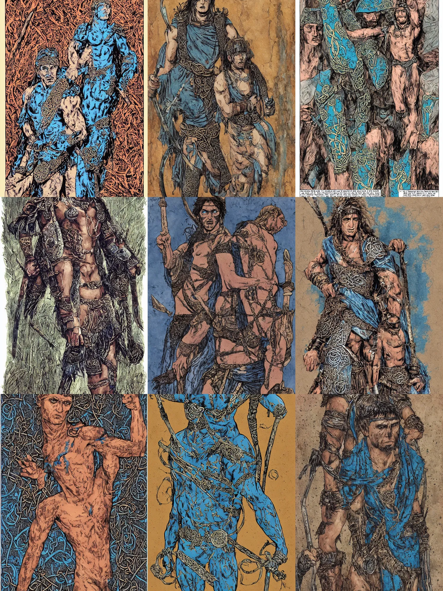 Prompt: one celtic pict warrior alone with blue warpaint patterns on his bare exposed body skin late antiquity, tony moore cover graphic novel