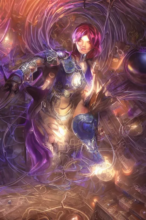 Image similar to Path of Exile, Maven, blue eyes female image with silver purple hair among colourful lights, dark blue spheres fly around, Anachronism, painting, dark fantasy, steampunk, 4k