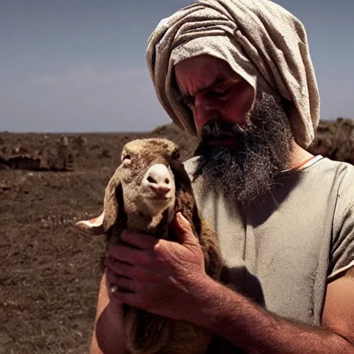 Image similar to cinematic still of depressed man with beard in ancient Canaanite clothing cradling a lamb, sad, anguished, somber, serious, directed by Terrence Malick