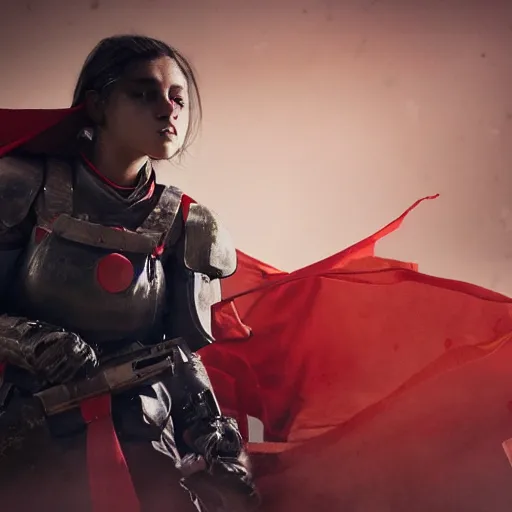 Image similar to a young female soldier with soot stained face, no makeup, in glossy sleek white bloodstained dinged scuffed armor , long torn red cape, heroic posture, determined expression, no helmet, on the surface of mars, dramatic lighting, cinematic, sci-fi, hyperrealistic, detailed