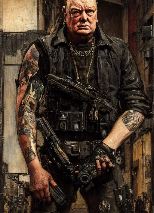 Image similar to winston churchill. cyberpunk mercenary with tattoos wearing a military vest and combat jumpsuit. (Cyberpunk 2077, bladerunner 2049). Iranian orientalist portrait by john william waterhouse and Edwin Longsden Long and Theodore Ralli and Nasreddine Dinet, oil on canvas. Cinematic, hyper realism, realistic proportions, dramatic lighting, high detail 4k