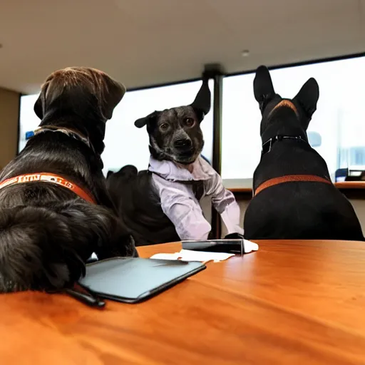 Prompt: dogs at business meeting looking at earnings charts