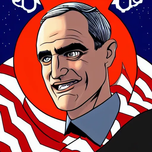 Prompt: graphic novel illustration of secretary of denis mcdonough, glowing eyes, evil laugh, menacing, villain, clean lines, trending on artstation