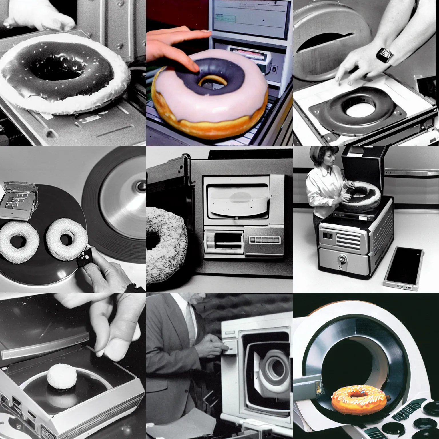 Prompt: photo of a donut being inserted into a cd - rom drive, ca. 1 9 8 4