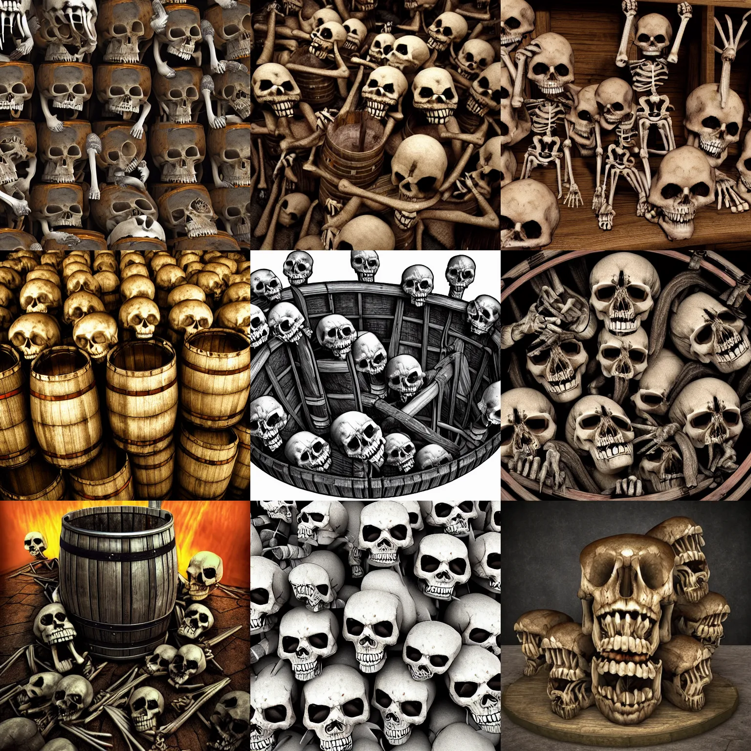 Prompt: barrel of skeletons, horror scene, detailed, photorealistic