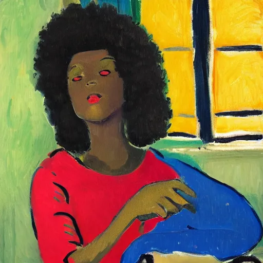 Image similar to early morning. a young ebony with afro hair wearing a wearing a cozy hoodie is texting on her smartphone. sunlight is entering through the window and beautifully lighting the face. depth of field, backlit, closeup, oil on canvas, art by henri matisse 1 9 4 4, in the style of dance by henri marisse, 1 9 1 0, smooth, fauvism, 2 k