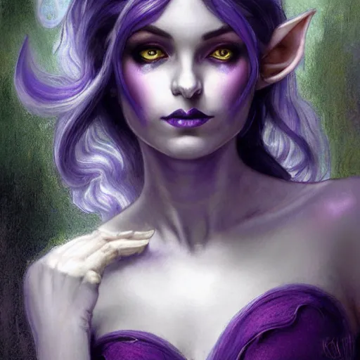 Prompt: half length portrait of a beautiful female drow elf warlock, indigo skin, violet magic, silver hair, black imp familiar, royo, klimt, miro, vallejo, frazetta, alphonse mucha, greg rutkowski, whealan