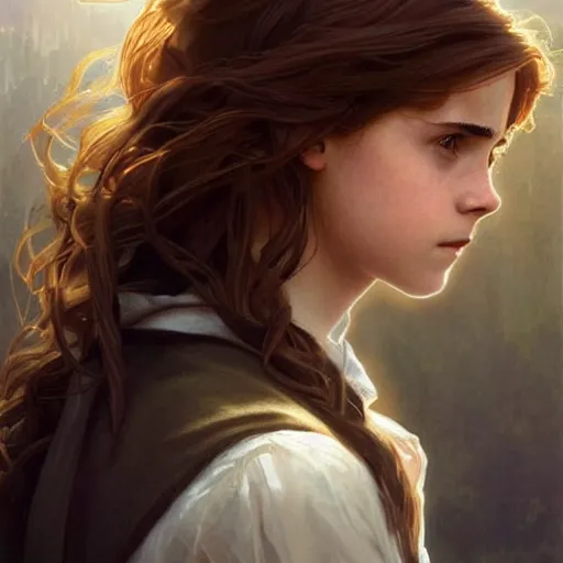 Image similar to painting. [ young ] emma watson as hermione granger 2 0 0 4. prisoner of azkaban. cheerful. happy. art by artgerm and greg rutkowski and alphonse mucha. during golden hour. extremely detailed. beautiful. 4 k. award winning.