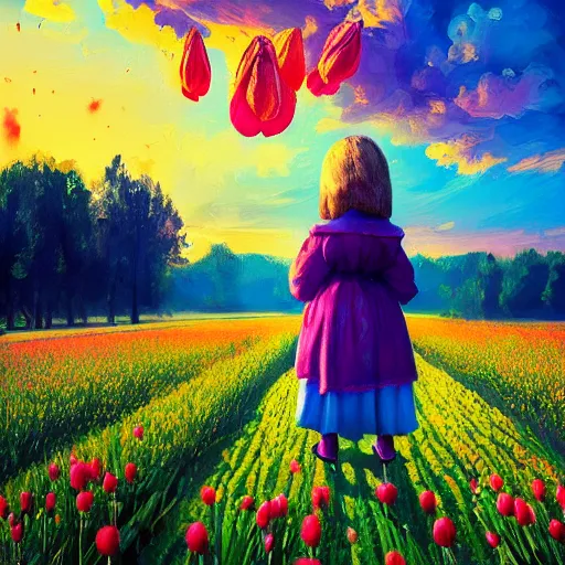 Prompt: dutch girl with singular giant tulip as a head, surreal photography, flower field, sunset dramatic light, impressionist painting, colorful clouds, blue sky, digital painting, artstation, simon stalenhag