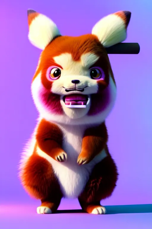 Image similar to high quality 3 d render hyperrealist very cute pastel fluffy! grumpy dragon red panda hybrid eating giant ice cream full body, vray smooth, in the style of detective pikachu, hannah yata charlie immer, dramatic pink light, low angle, uhd 8 k, sharp focus